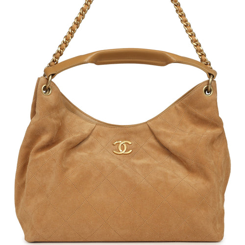Chanel Maxi Hobo Bag Beige Suede Antique Gold Hardware