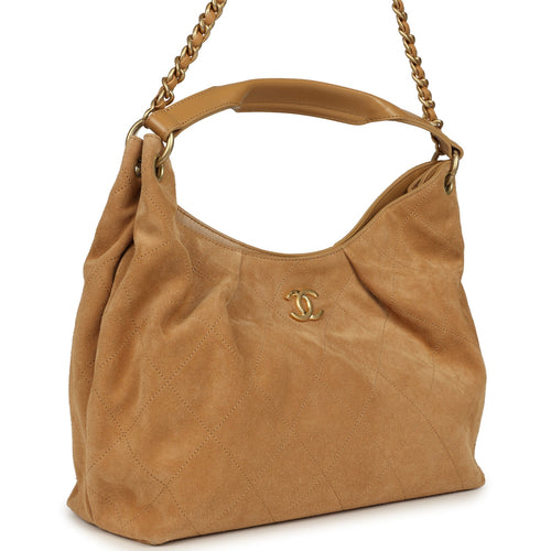 Chanel Maxi Hobo Bag Beige Suede Antique Gold Hardware