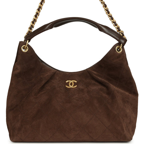 Chanel Maxi Hobo Bag Dark Brown Suede Antique Gold Hardware