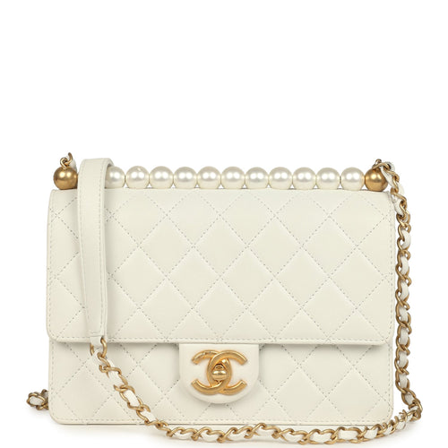 Preowned Chanel Small Chic Pearls Flap Bag White Calfskin Antique Gold Hardware