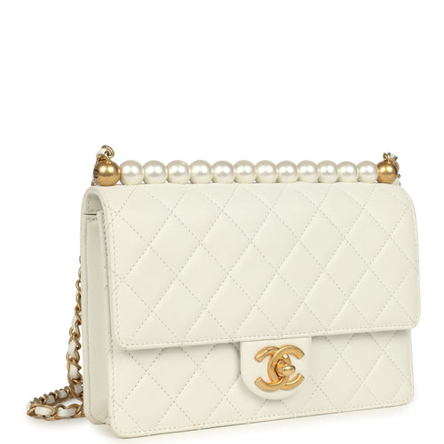 Preowned Chanel Small Chic Pearls Flap Bag White Calfskin Antique Gold Hardware