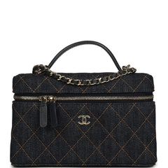 Chanel Top Handle Long Vanity Case with Chain Dark Blue Denim Light Gold Hardware