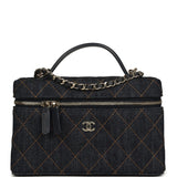 Chanel Top Handle Long Vanity Case with Chain Dark Blue Denim Light Gold Hardware - Thumbnail View 1