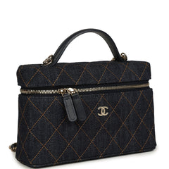 Chanel Top Handle Long Vanity Case with Chain Dark Blue Denim Light Gold Hardware