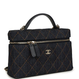 Chanel Top Handle Long Vanity Case with Chain Dark Blue Denim Light Gold Hardware - Thumbnail View 2