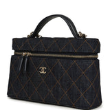 Chanel Top Handle Long Vanity Case with Chain Dark Blue Denim Light Gold Hardware - Thumbnail View 5