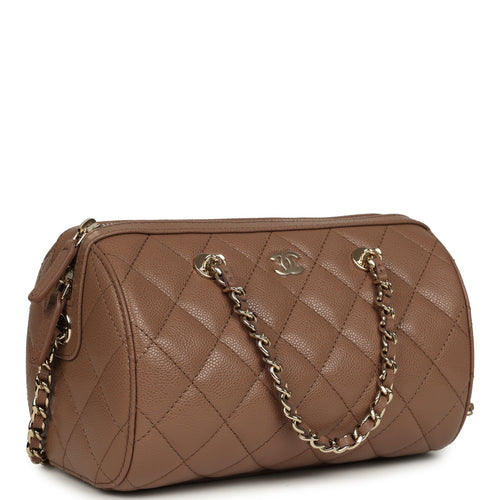 Chanel Mini Timeless Classic Barrel Bag with Chain Brown Shiny Caviar Light Gold Hardware