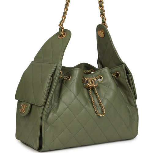 Chanel Small 25 Hobo Bag Green Caviar Antique Gold Hardware