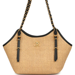 Chanel Small Coco Shopping Bag Raffia and Black Calfskin Antique Gold Hardware