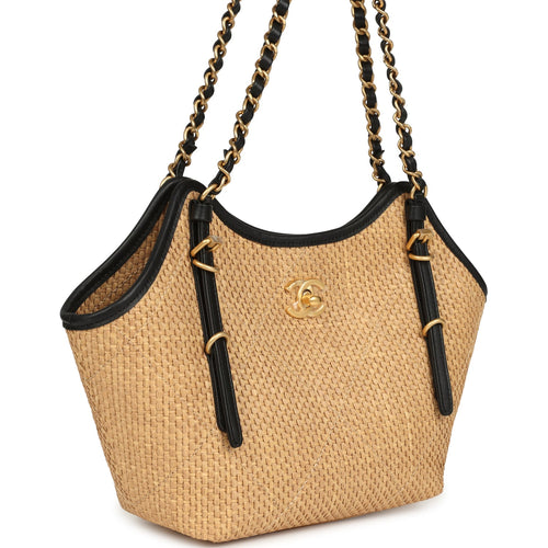 Chanel Small Coco Shopping Bag Raffia and Black Calfskin Antique Gold Hardware