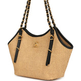 Chanel Small Coco Shopping Bag Raffia and Black Calfskin Antique Gold Hardware
