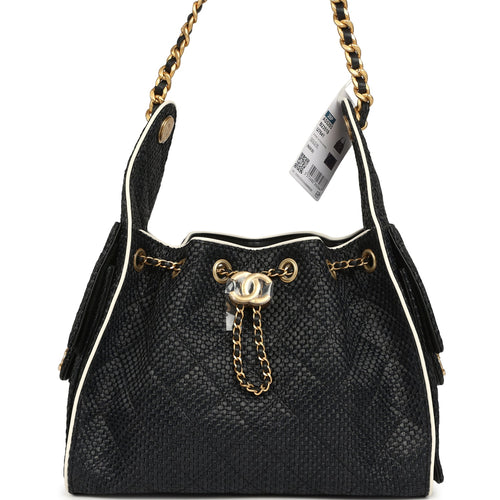 Chanel Small 25 Hobo Bag Black Raffia and White Calfskin Antique Gold Hardware
