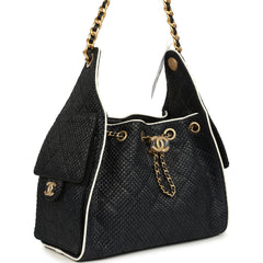 Chanel Small 25 Hobo Bag Black Raffia and White Calfskin Antique Gold Hardware