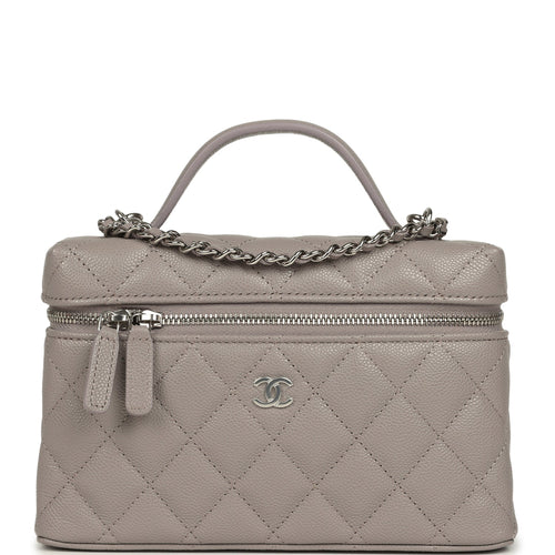 Chanel Top Handle Long Vanity Case with Chain Grey Shiny Caviar Silver Hardware