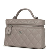 Chanel Top Handle Long Vanity Case with Chain Grey Shiny Caviar Silver Hardware