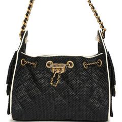 Chanel Mini 25 Hobo Bag Black Raffia and White Calfskin Antique Gold Hardware