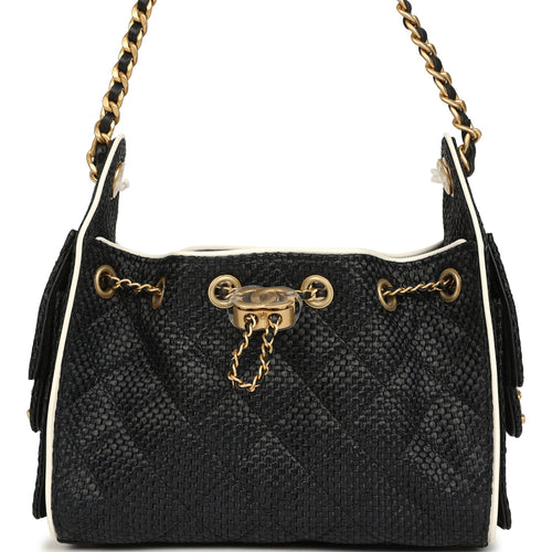 Chanel Mini 25 Hobo Bag Black Raffia and White Calfskin Antique Gold Hardware