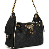 Chanel Mini 25 Hobo Bag Black Raffia and White Calfskin Antique Gold Hardware