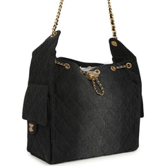 Chanel Medium 25 Hobo Bag Black Washed Denim Antique Gold Hardware