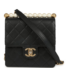 Pre-owned Chanel Chic Pearls Flap Bag Black Calfskin Brushed Gold Hardware