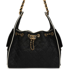 Chanel Small 25 Hobo Bag Black Raffia and White Calfskin Antique Gold Hardware