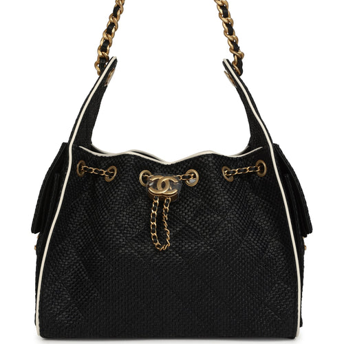 Chanel Small 25 Hobo Bag Black Raffia and White Calfskin Antique Gold Hardware