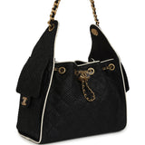 Chanel Small 25 Hobo Bag Black Raffia and White Calfskin Antique Gold Hardware