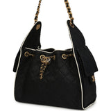 Chanel Small 25 Hobo Bag Black Raffia and White Calfskin Antique Gold Hardware