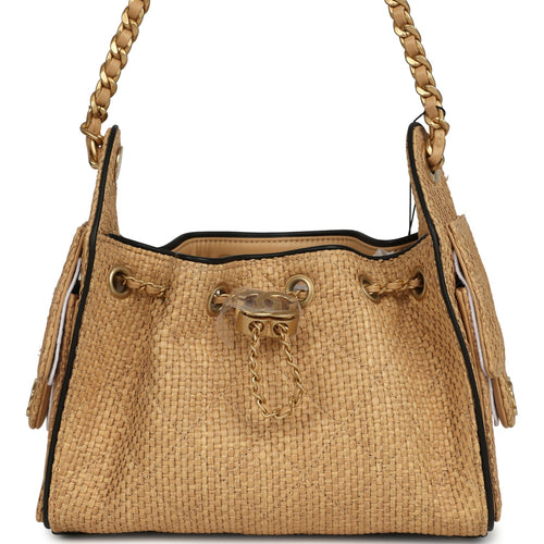 Chanel Mini 25 Hobo Bag Beige Raffia and Black Calfskin Antique Gold Hardware