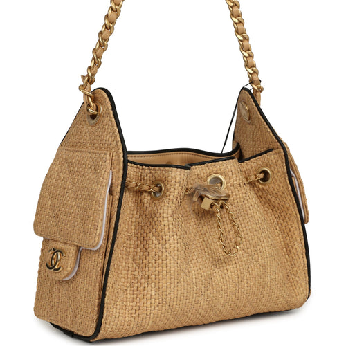 Chanel Mini 25 Hobo Bag Beige Raffia and Black Calfskin Antique Gold Hardware