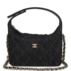 Chanel Mini Hobo Pouch with Chain Dark Blue Denim and Leather Light Gold Hardware