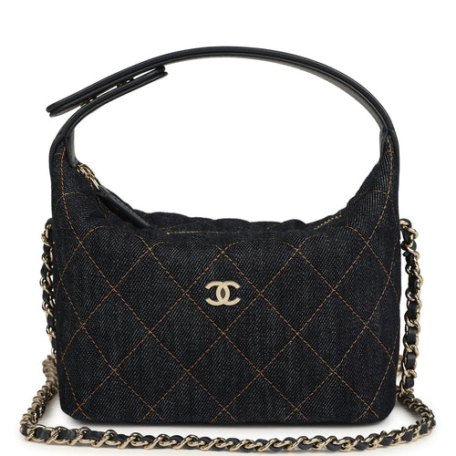 Chanel Mini Hobo Pouch with Chain Dark Blue Denim and Leather Light Gold Hardware