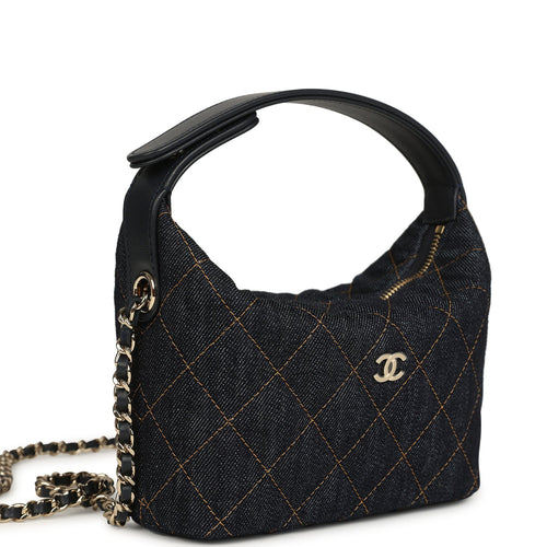 Chanel Mini Hobo Pouch with Chain Dark Blue Denim and Leather Light Gold Hardware