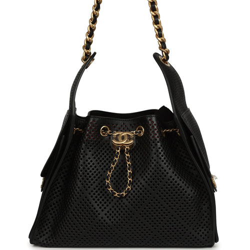 Chanel Small 25 Hobo Bag Black Perforated Calfskin Antique Gold Hardware