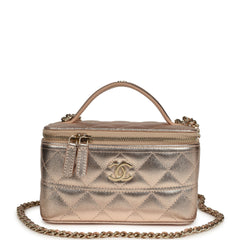 Chanel Small Top Handle Vanity Case With Chain Metallic Copper Shiny Caviar Light Gold Hardware