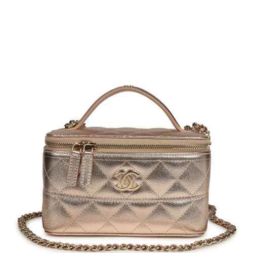 Chanel Small Top Handle Vanity Case With Chain Metallic Copper Shiny Caviar Light Gold Hardware