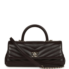 Chanel Maxi Coco Handle Long Chevron Flap Bag Dark Brown Shiny Goatskin Light Gold Hardware