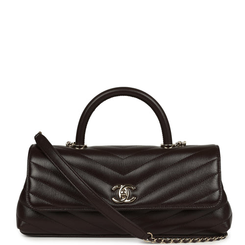 Chanel Maxi Top Handle Long Chevron Flap Bag Dark Brown Shiny Caviar Goatskin Light Gold Hardware