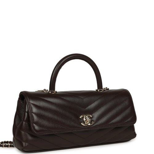 Chanel Maxi Top Handle Long Chevron Flap Bag Dark Brown Shiny Caviar Goatskin Light Gold Hardware