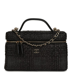 Chanel Top Handle Long Vanity Case with Chain Black Braided Raffia Light Gold Hardware