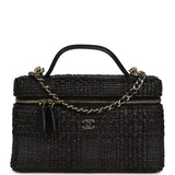 Chanel Top Handle Long Vanity Case with Chain Black Braided Raffia Light Gold Hardware - Thumbnail View 1