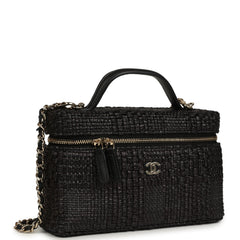 Chanel Top Handle Long Vanity Case with Chain Black Braided Raffia Light Gold Hardware