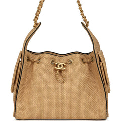 Chanel Small 25 Hobo Bag Beige Raffia and Black Calfskin Antique Gold Hardware