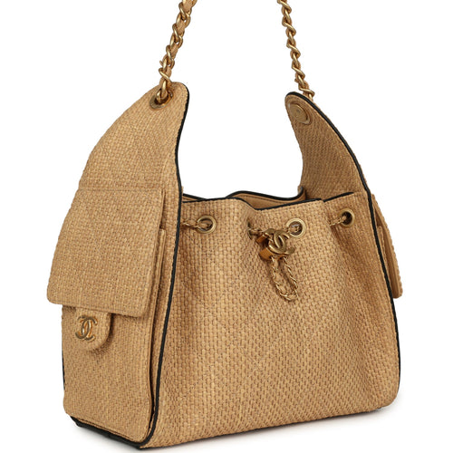 Chanel Small 25 Hobo Bag Beige Raffia and Black Calfskin Antique Gold Hardware