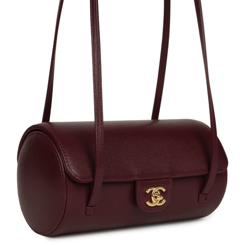 Chanel Preppy Coco Bowling Bag Burgundy Shiny Caviar Brushed Gold Hardware