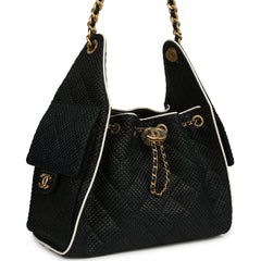 Chanel Small 25 Hobo Bag Black Raffia and White Calfskin Antique Gold Hardware