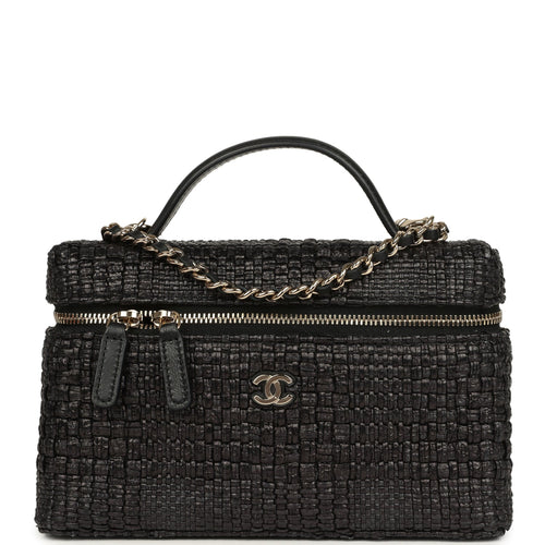 Chanel Top Handle Long Vanity Case with Chain Black Braided Raffia Light Gold Hardware