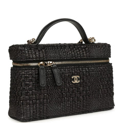 Chanel Top Handle Long Vanity Case with Chain Black Braided Raffia Light Gold Hardware