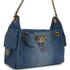 Chanel Mini 25 Hobo Bag Blue Washed Denim Antique Gold Hardware