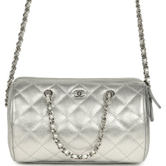 Chanel Mini Timeless Classic Barrel Bag with Chain Metallic Silver Shiny Caviar Silver Hardware